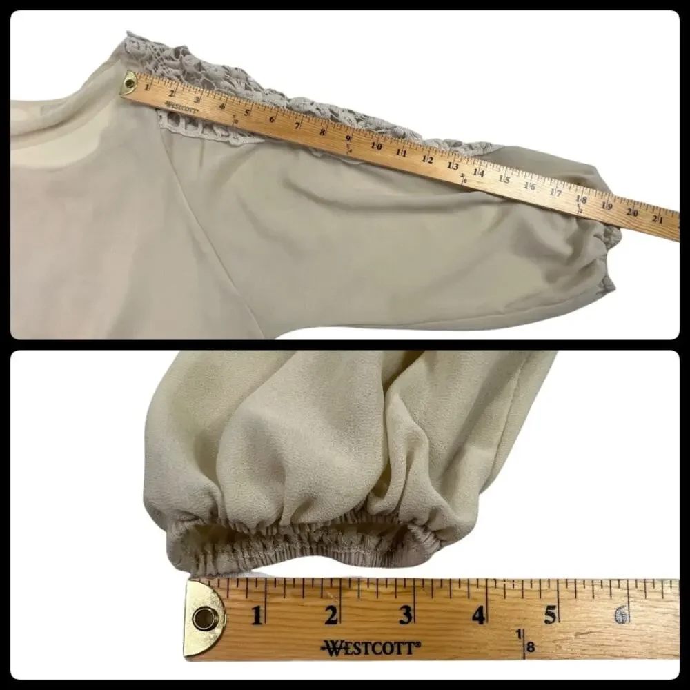 Charming Charlie Beige Semi Sheer Chiffon Crochet Lace Trimmed Blouse Top Small - Picture 12 of 12